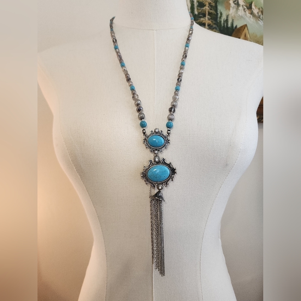 Shyanne Turquoise Statement Necklace Western Cowgirl Silver Blue NWT Size O/S